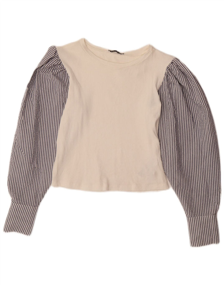 ZARA Womens Crop Long Sleeve Blouse Top UK 12 Medium White Pinstripe