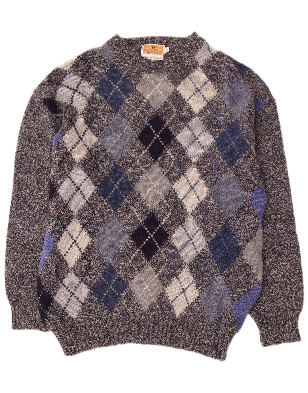 CONTE OF FLORENCE Mens Crew Neck Jumper Sweater Small Grey Argyle/Diamond