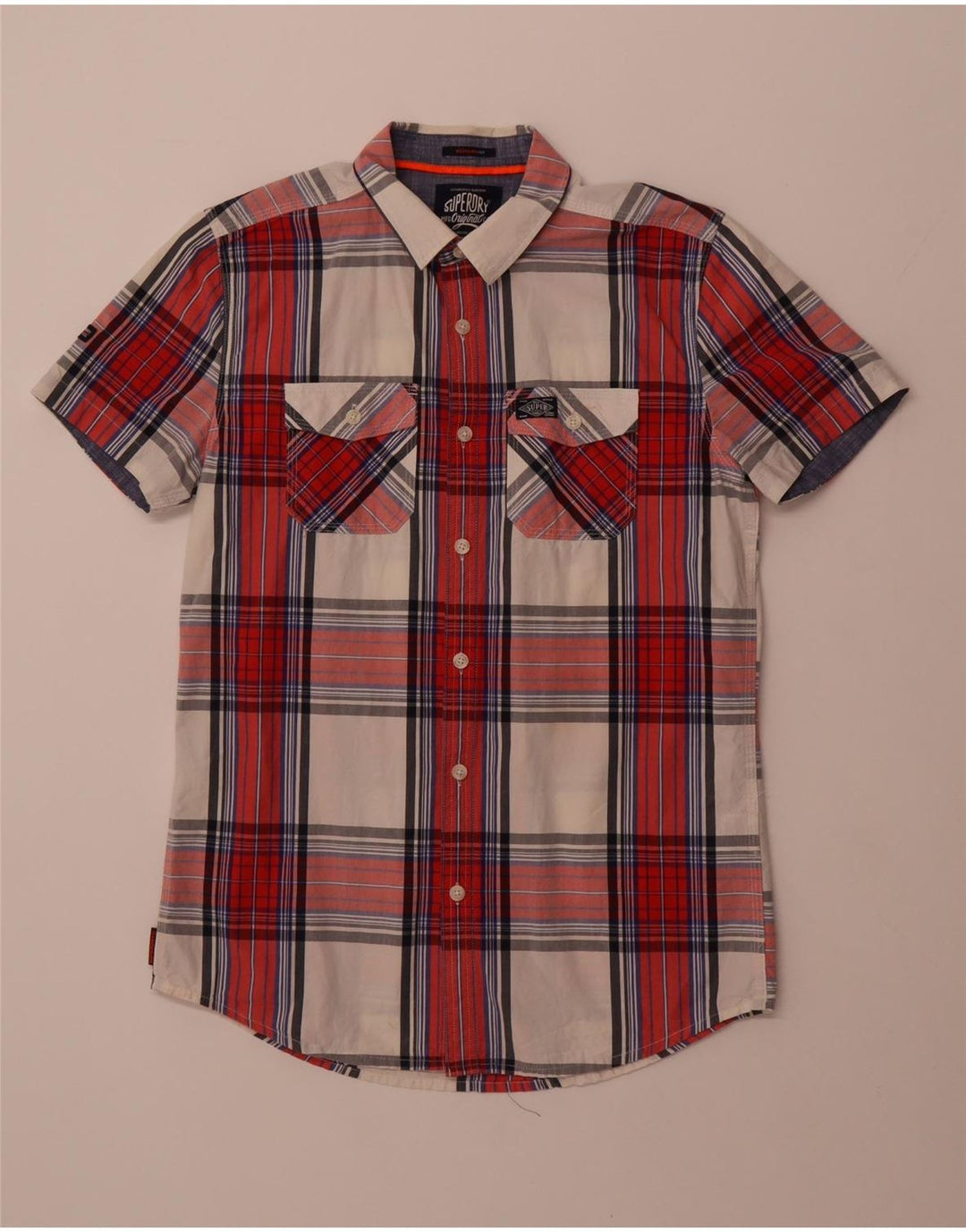 SUPERDRY Mens Regular Fit Short Sleeve Shirt Medium Red Check Cotton