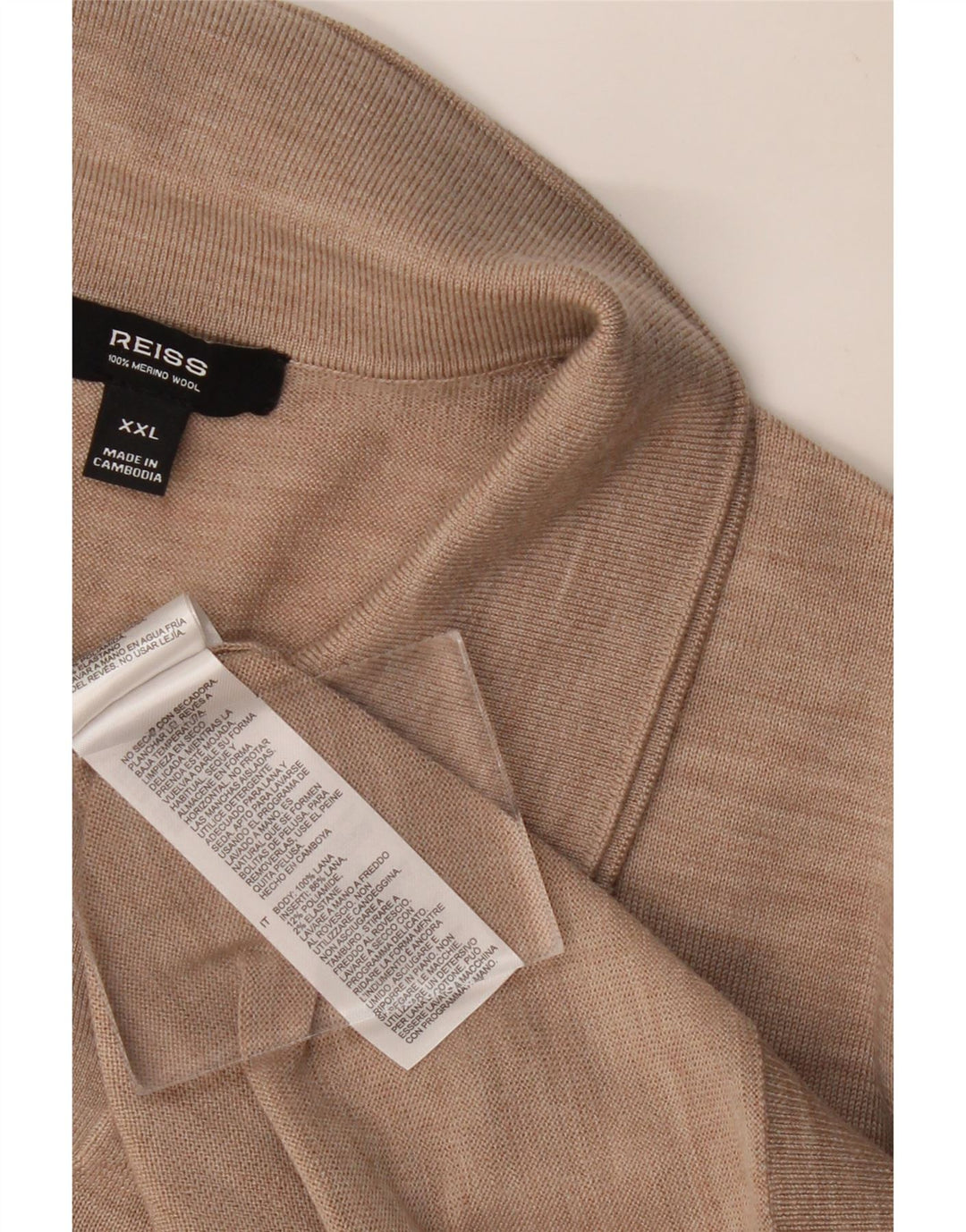 REISS Mens Short Sleeve Polo Neck Jumper Sweater 2XL Beige Flecked Wool