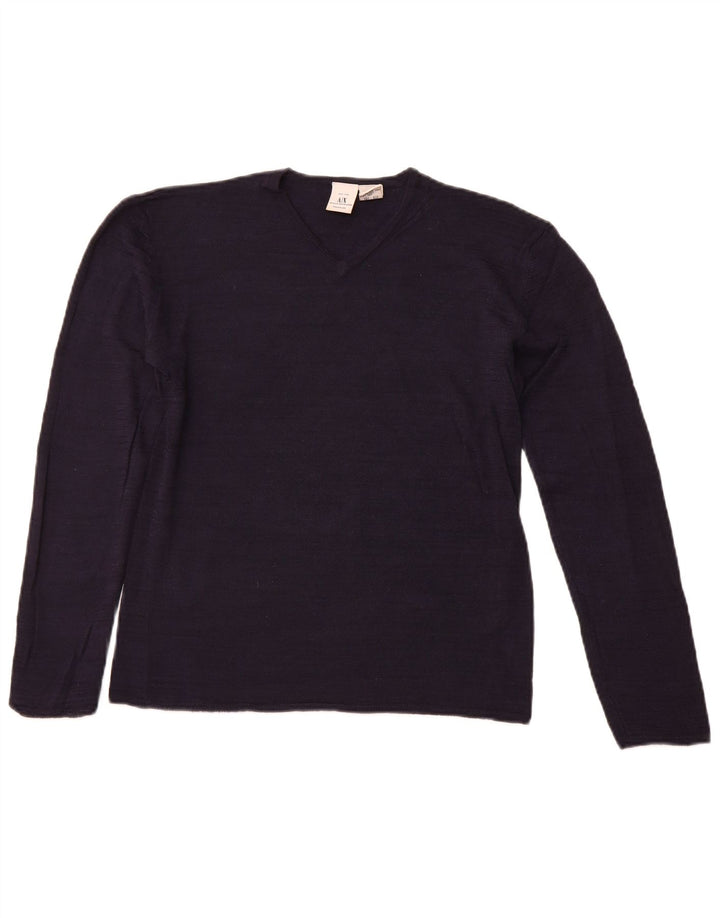 ARMANI EXCHANGE Womens V-Neck Jumper Sweater UK 12 Medium Navy Blue