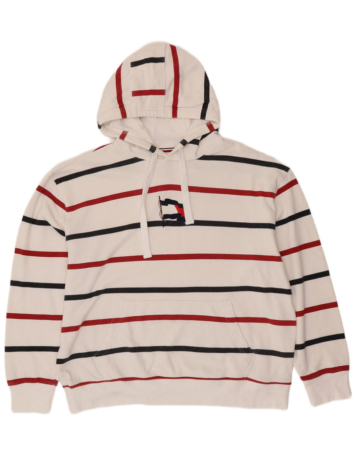 TOMMY HILFIGER Mens Hoodie Jumper 2XL White Striped Cotton