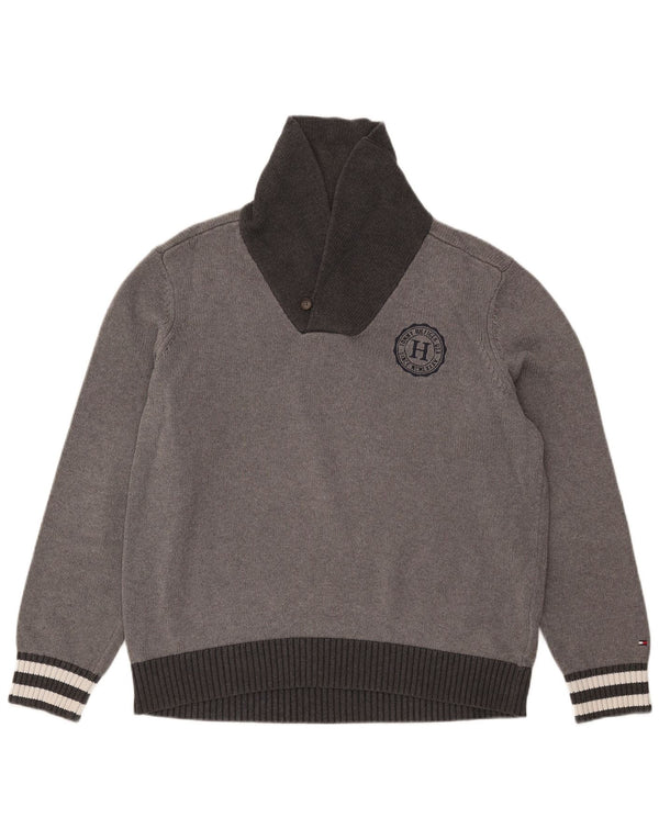 Tommy Hilfiger Mens Shawl Neck Jumper Sweater XL Grey Colourblock Cotton