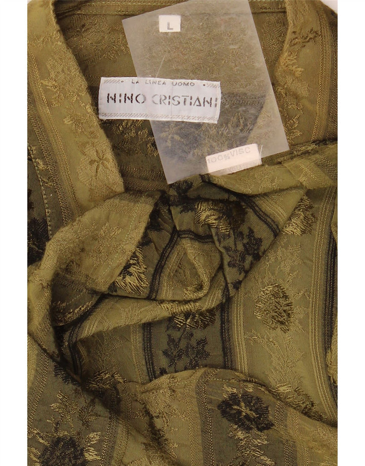 VINTAGE Mens Shirt Large Khaki Floral Viscose