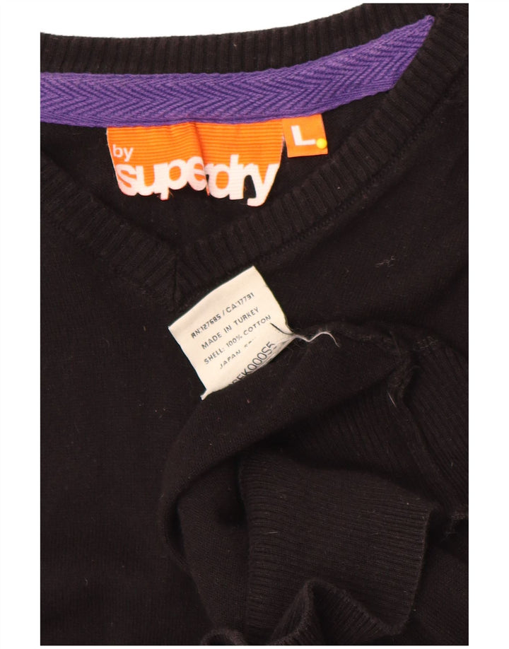 Superdry Mens V-Neck Jumper Sweater Large Black Cotton