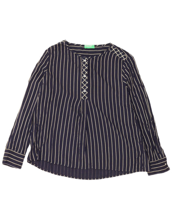 BENETTON Womens Long Sleeve Blouse Top UK 16 Large Navy Blue Pinstripe