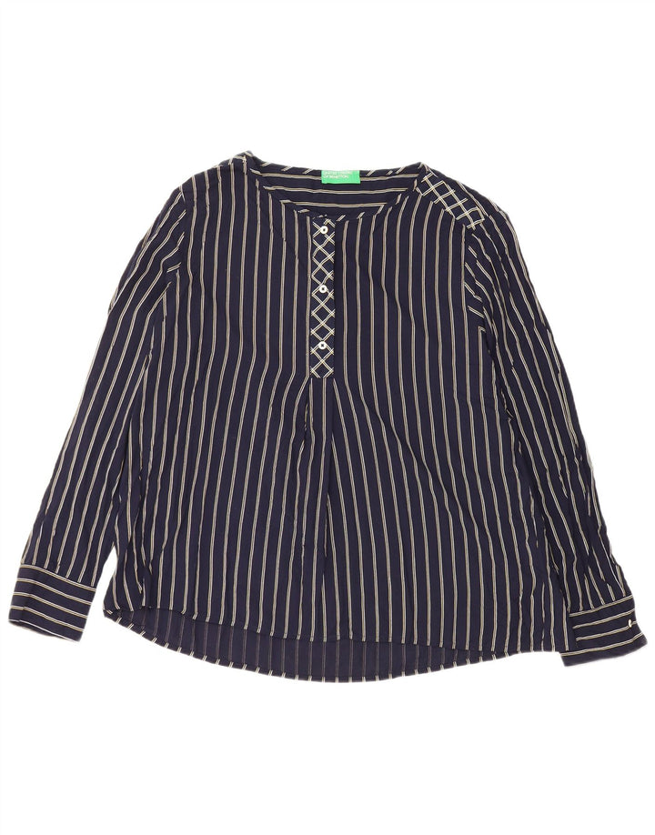 BENETTON Womens Long Sleeve Blouse Top UK 16 Large Navy Blue Pinstripe