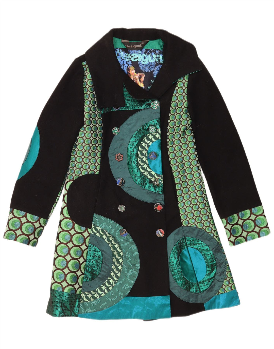 Desigual Womens Double Breasted Coat EU 40 Medium Multicoloured