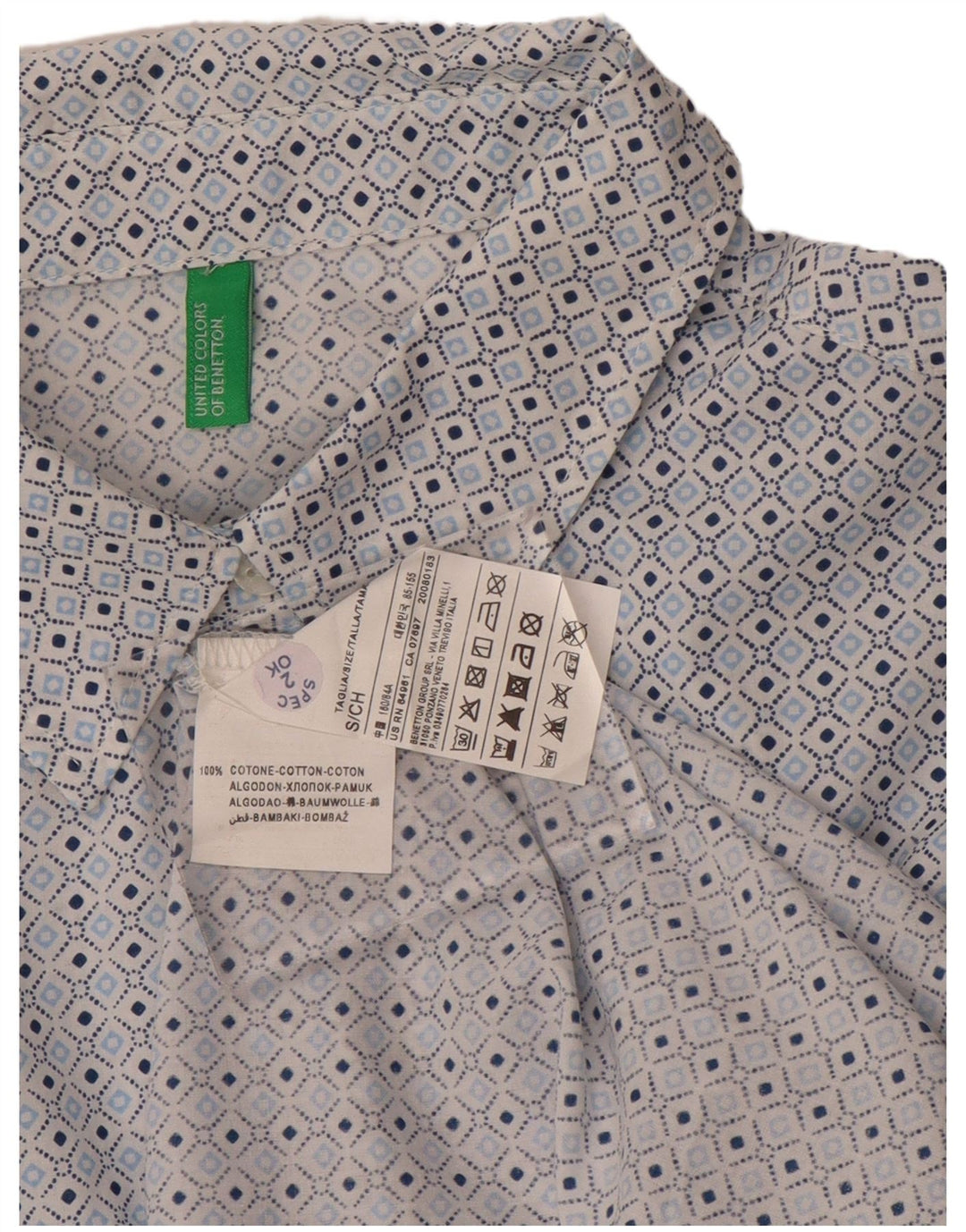 Benetton Womens Shirt Small Blue Geometric Cotton