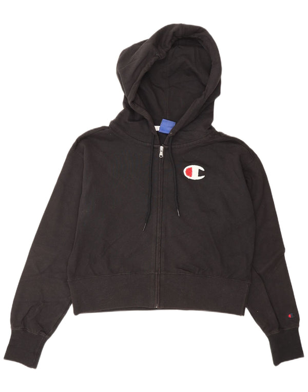 CHAMPION Womens Oversized Crop Zip Hoodie Sweater UK 10 Small Black Cotton