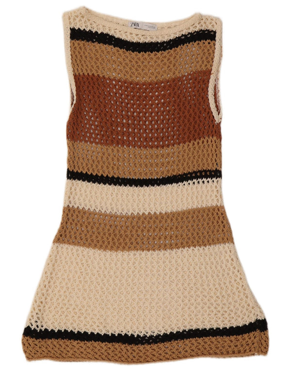 Zara Womens Beach Sleeveless Crochet Dress UK 12 Medium Beige Striped