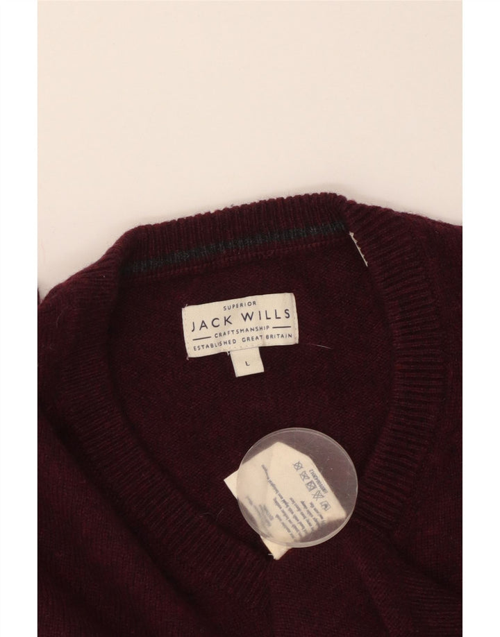 JACK WILLS Mens V-Neck Jumper Sweater Large Maroon Merino Wool