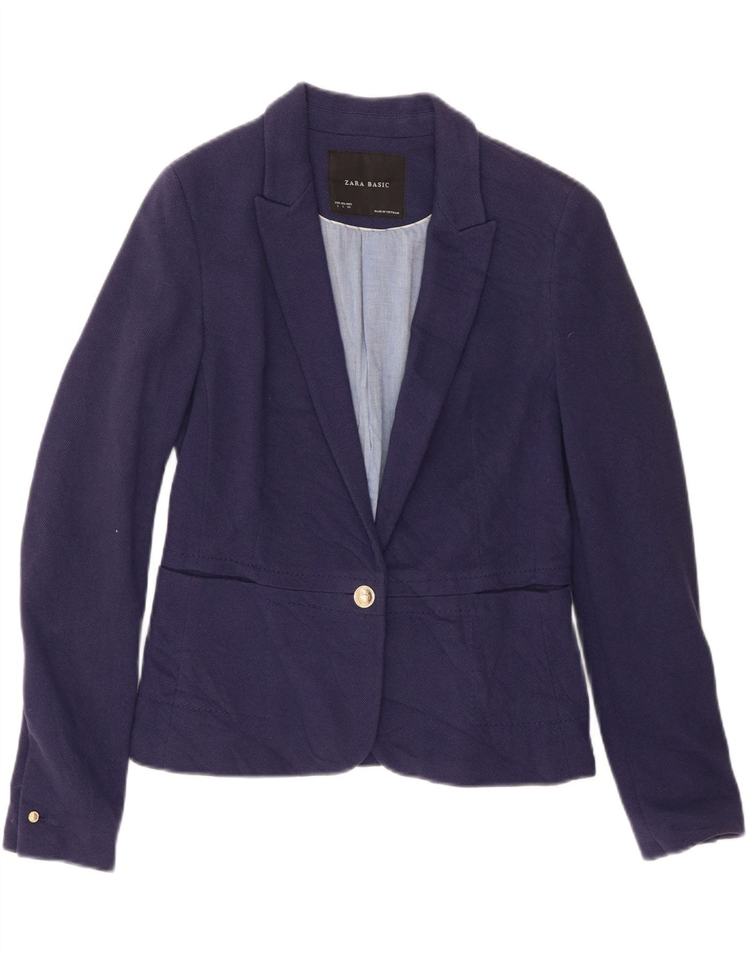 Zara Womens Crop 1 Button Blazer Jacket UK 16 Large Navy Blue Cotton