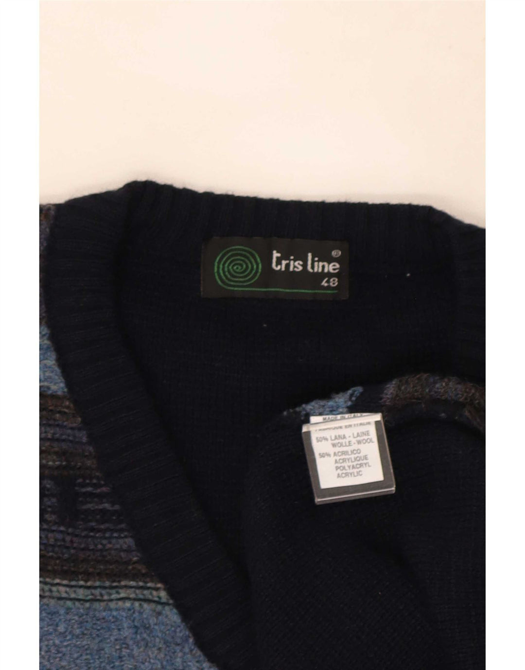 Tris Line Mens V-Neck Jumper Sweater IT 48 Medium Navy Blue Striped Wool