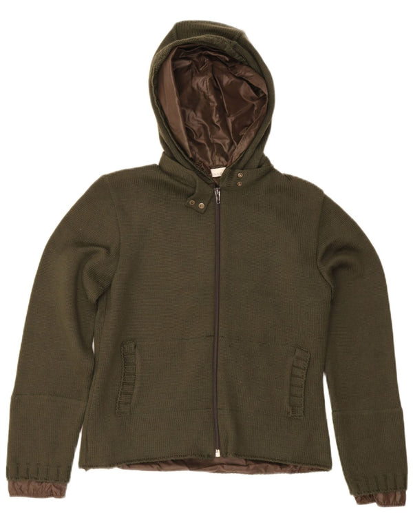 Pinko Womens Knit Hooded Bomber Jacket UK 10 Small Khaki Wool