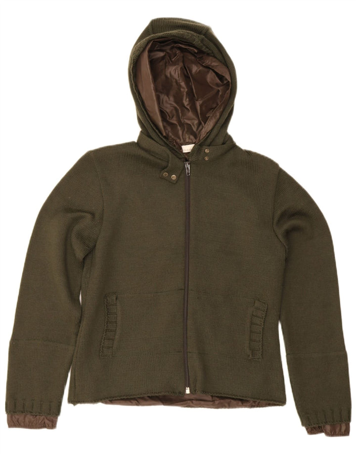 Pinko Womens Knit Hooded Bomber Jacket UK 10 Small Khaki Wool