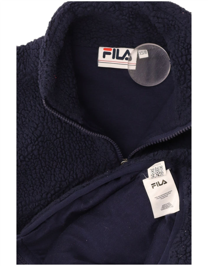 FILA Womens Oversized Graphic Fleece Jacket UK 6 XS Navy Blue Polyester