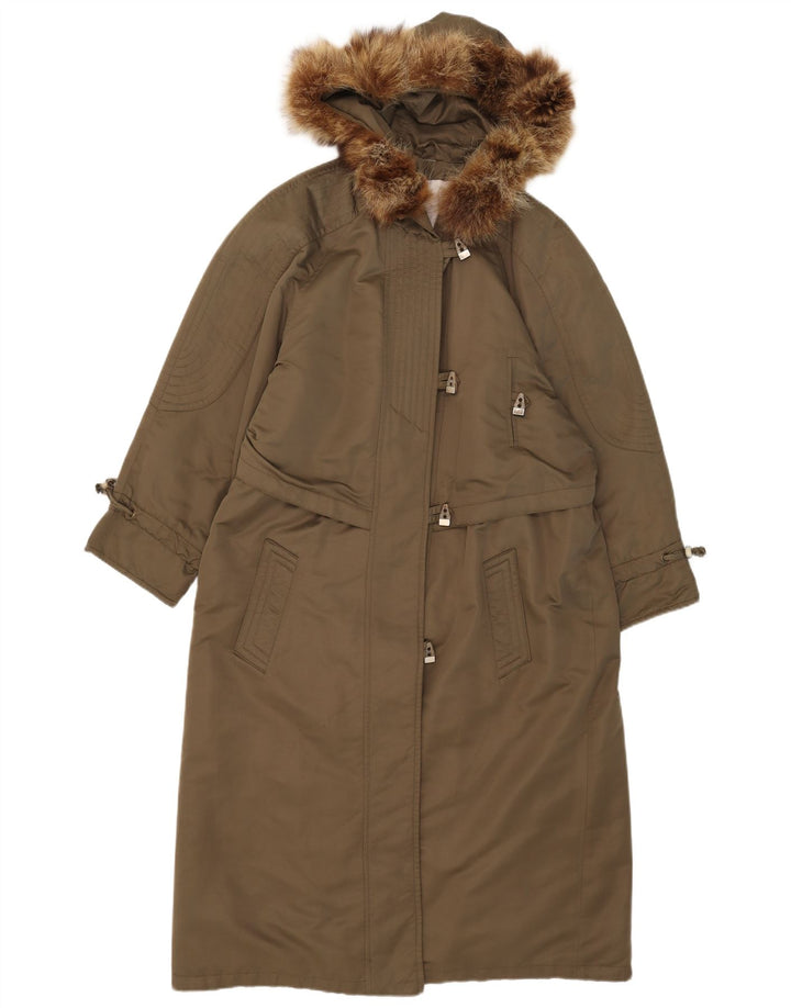 Vintage Womens Hooded Overcoat UK 14 Large Khaki Polyester