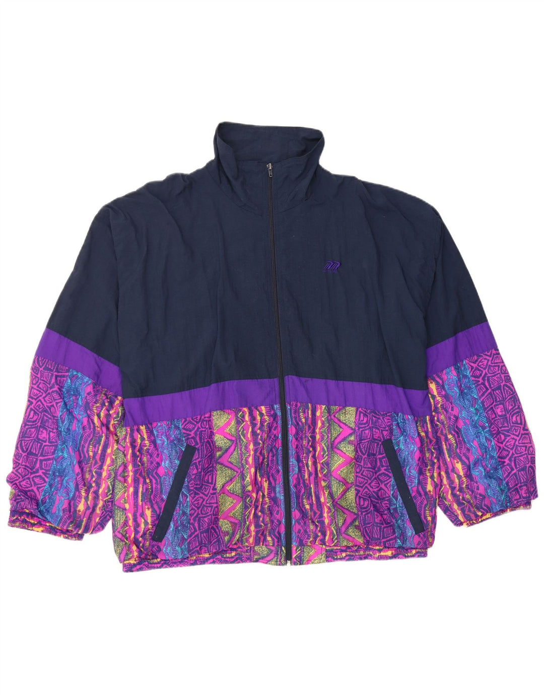 VINTAGE Mens Tracksuit Top Jacket UK 46/48 XL Navy Blue Colourblock Nylon