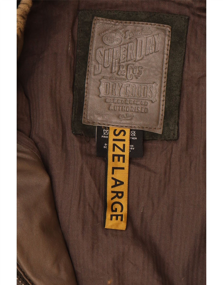 Superdry Womens Military Leather Jacket UK 16 Large Brown Leather