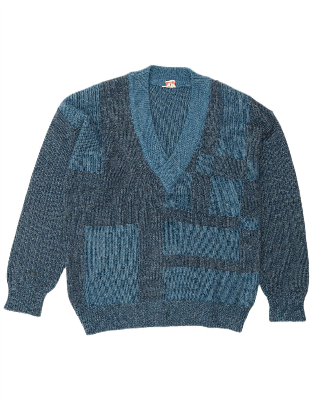 VINTAGE Mens V-Neck Jumper Sweater IT 50 Medium Blue Geometric Polyacrylic