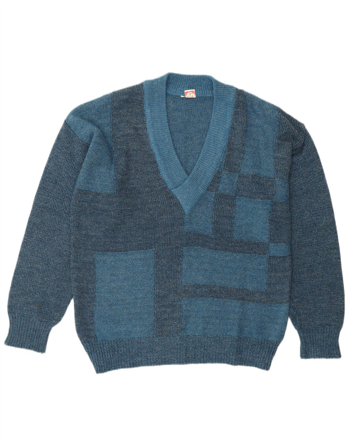 VINTAGE Mens V-Neck Jumper Sweater IT 50 Medium Blue Geometric Polyacrylic