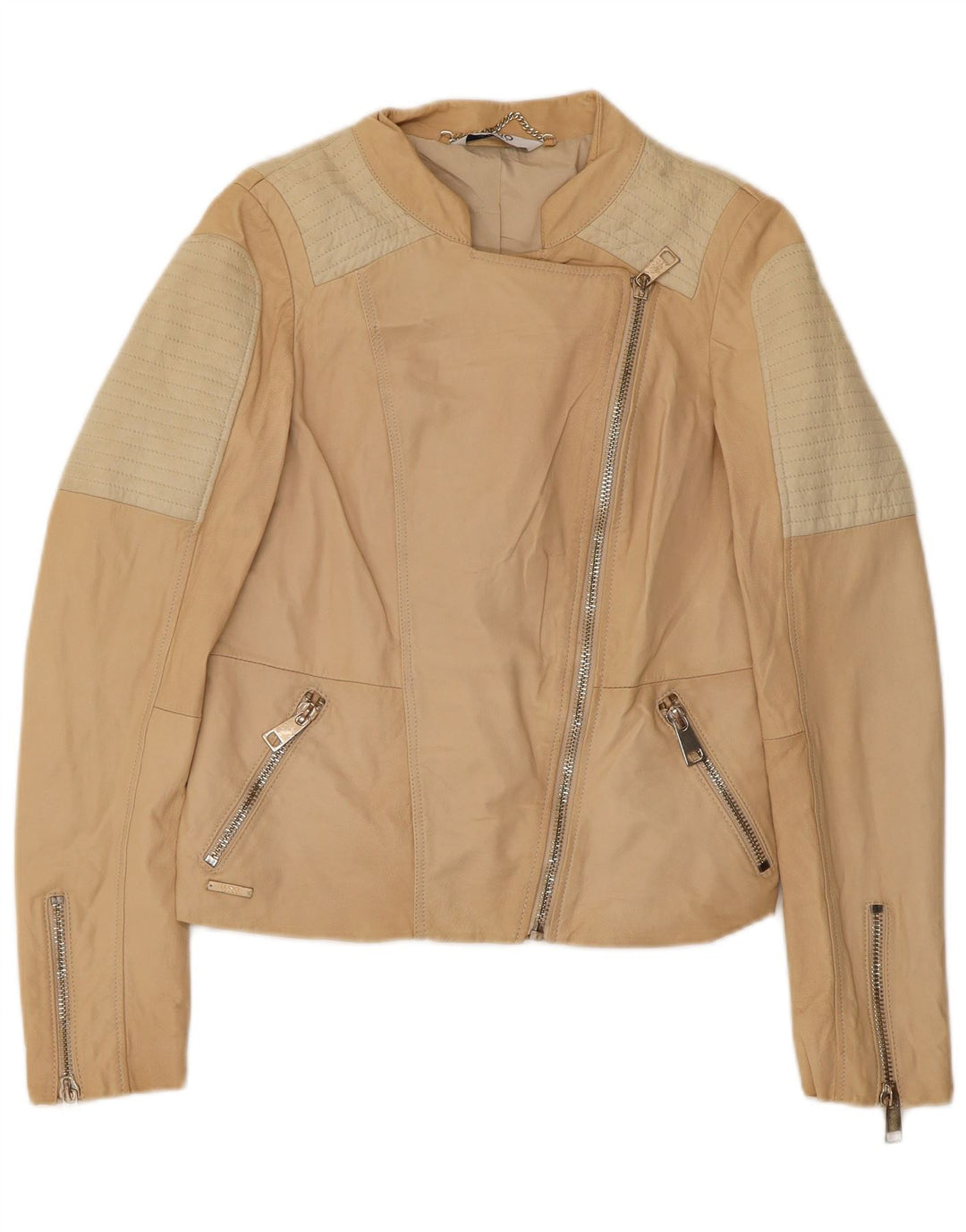 Liu Jo Womens Crop Biker Jacket IT 42 Medium Beige Colourblock Leather