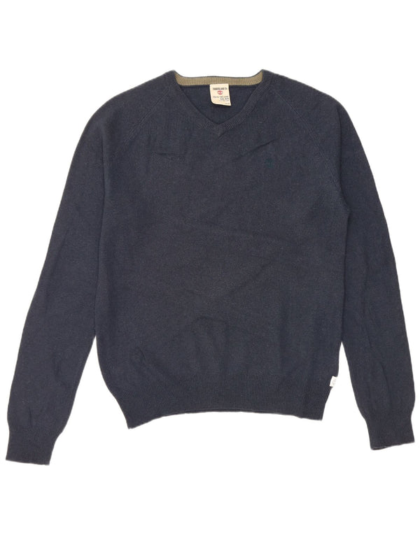 TIMBERLAND Mens V-Neck Jumper Sweater Medium Navy Blue Wool