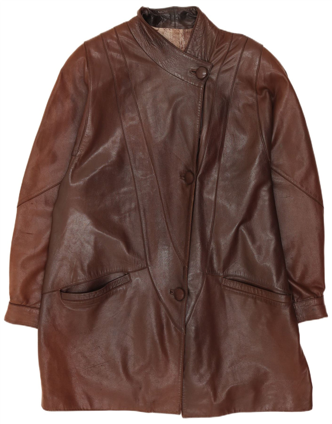 Vintage Womens Oversized Leather Coat UK 14 Medium Brown