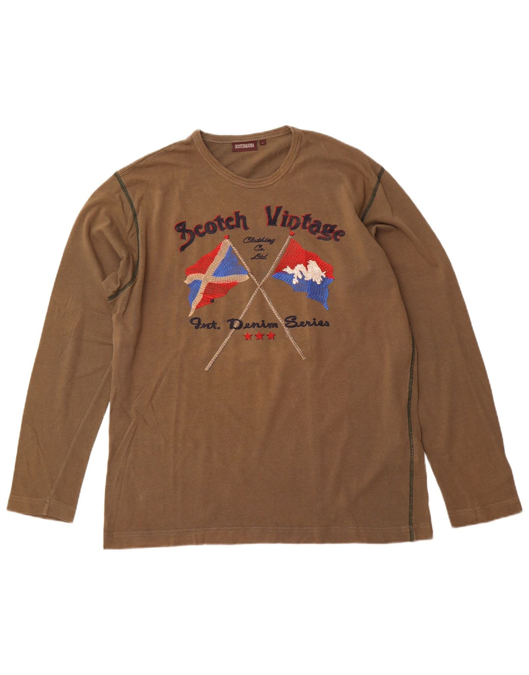 SCOTCH & SODA Mens Graphic Top Long Sleeve Large Khaki Cotton