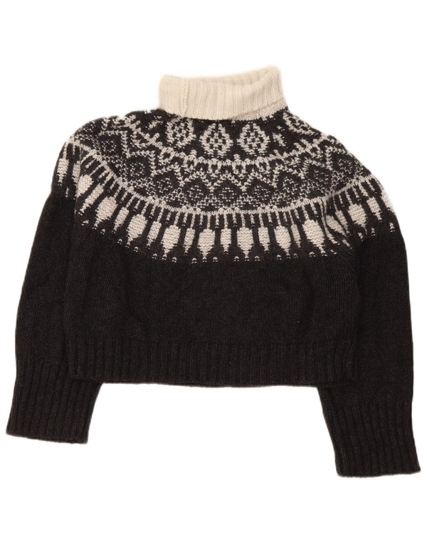 Massimo Dutti Womens Crop Roll Neck Jumper Sweater UK 6 XS Black Fair Isle
