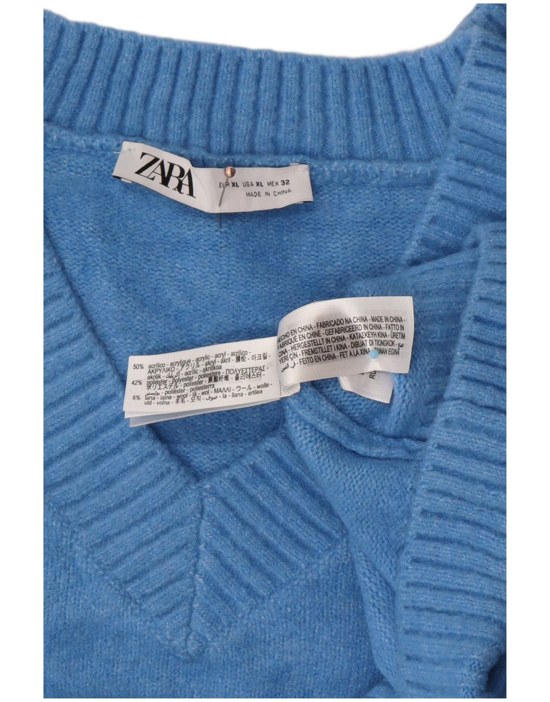 ZARA Womens Oversized V-Neck Jumper Sweater UK 18 XL Blue Acrylic