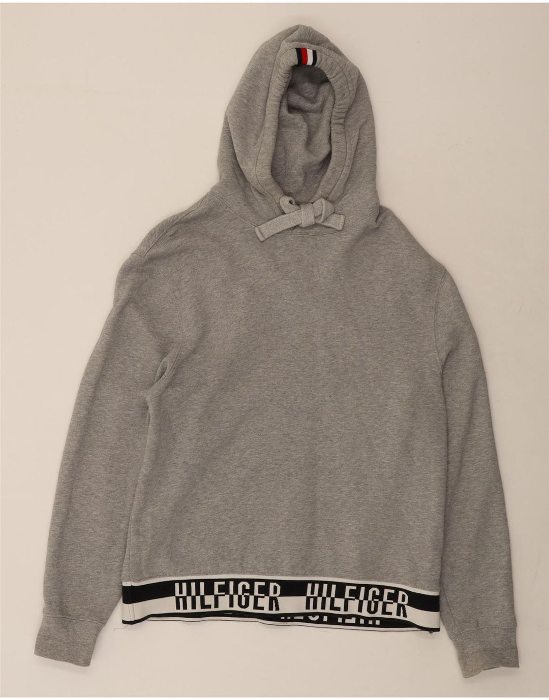 TOMMY HILFIGER Mens Graphic Hoodie Jumper Medium Grey Colourblock Cotton