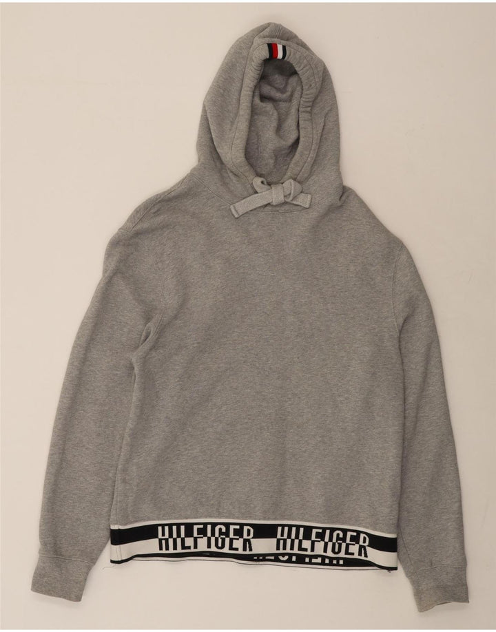 TOMMY HILFIGER Mens Graphic Hoodie Jumper Medium Grey Colourblock Cotton