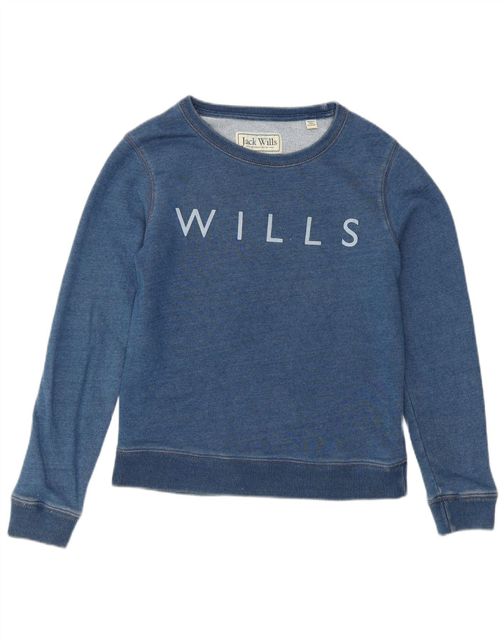 JACK WILLS Womens Graphic Sweatshirt Jumper UK 6 XS Blue Cotton