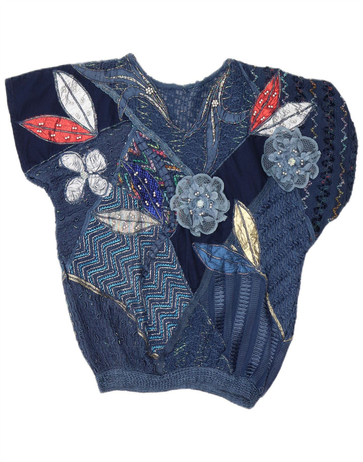 Vintage Womens Blouse Top UK 16 Large Navy Blue Patchwork