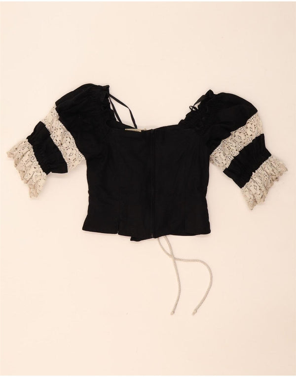 LANDHAUS Womens Trachten Crop Corset Top UK 8 Small Black Floral Linen
