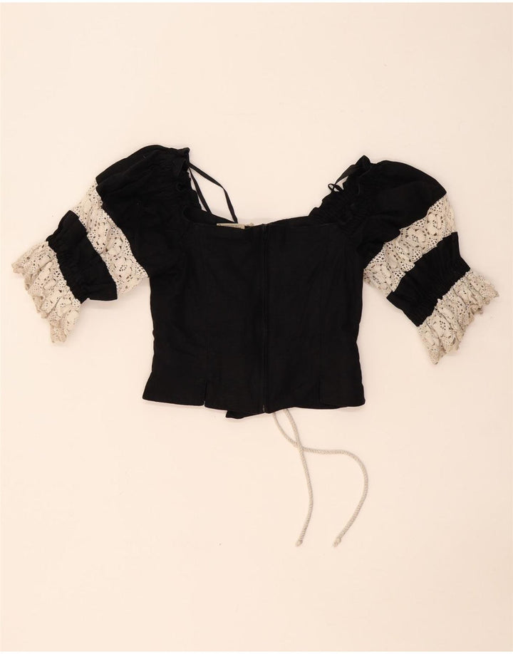 LANDHAUS Womens Trachten Crop Corset Top UK 8 Small Black Floral Linen