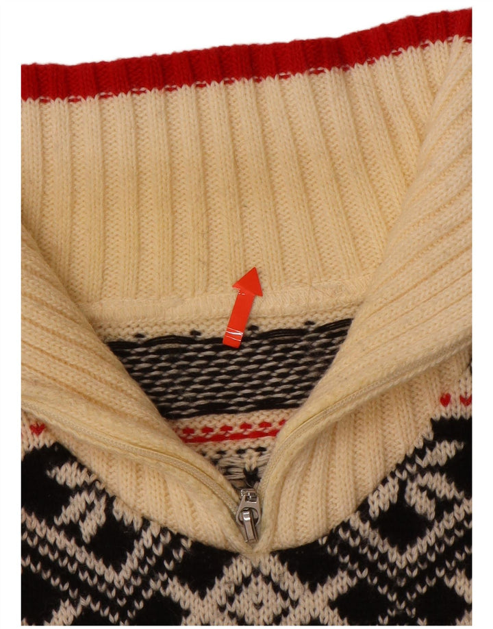 VINTAGE Womens Zip Neck Jumper Sweater UK 16 Large Off White Fair Isle