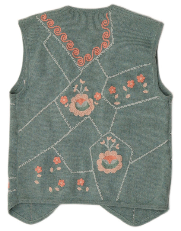 Vintage Womens Knit OPEN Waistcoat UK 12 Medium Turquoise Floral Cashmere