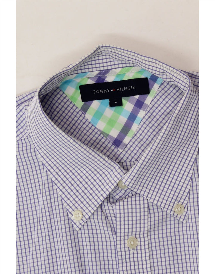 TOMMY HILFIGER Mens Short Sleeve Shirt Large Purple Check Vintage Tommy Hilfiger and Second-Hand Tommy Hilfiger from Messina Hembry 
