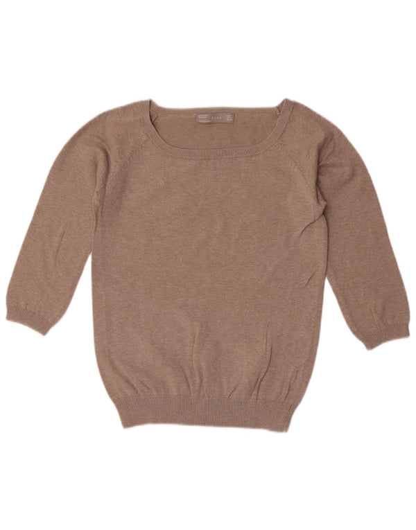 Zara Womens 3/4 Sleeve Boat Neck Jumper Sweater UK 12 Medium Grey Cotton