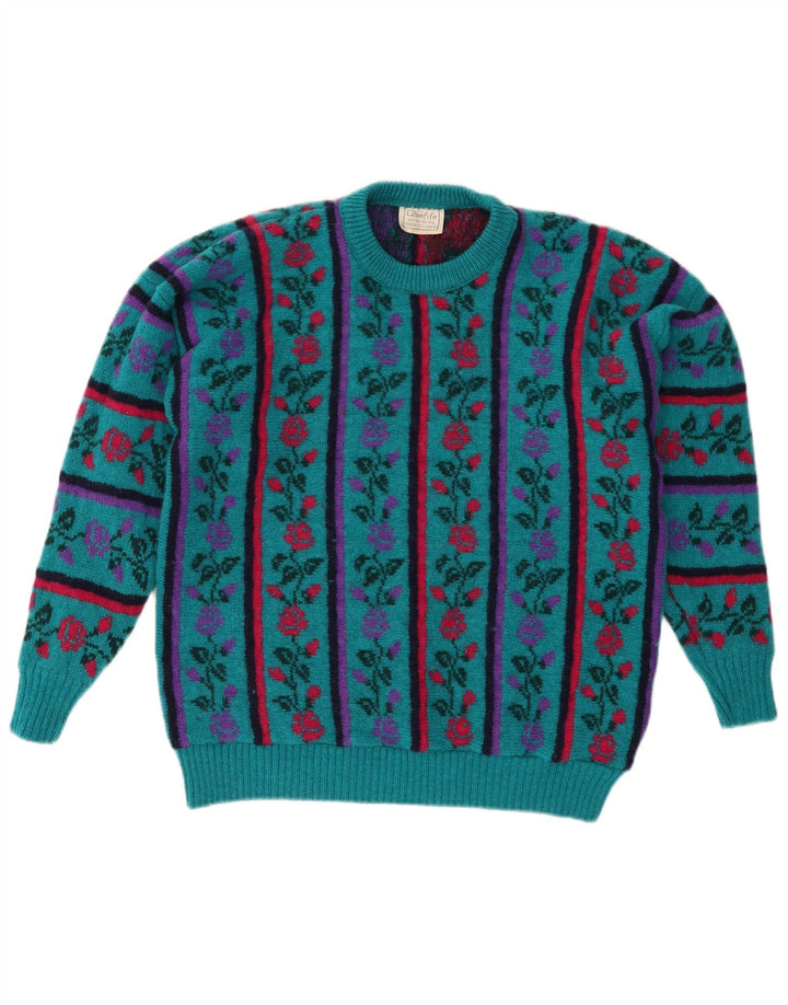 VINTAGE Womens Crew Neck Jumper Sweater UK 16 Large Turquoise Floral Wool