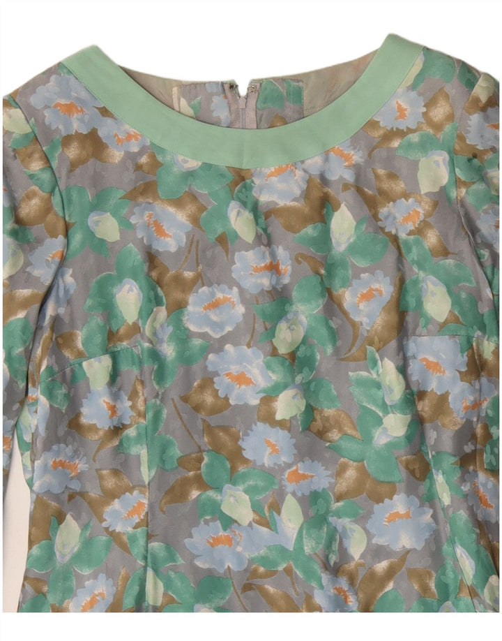 Vintage Womens Long Sleeve Sheath Dress UK 12 Medium Green Floral