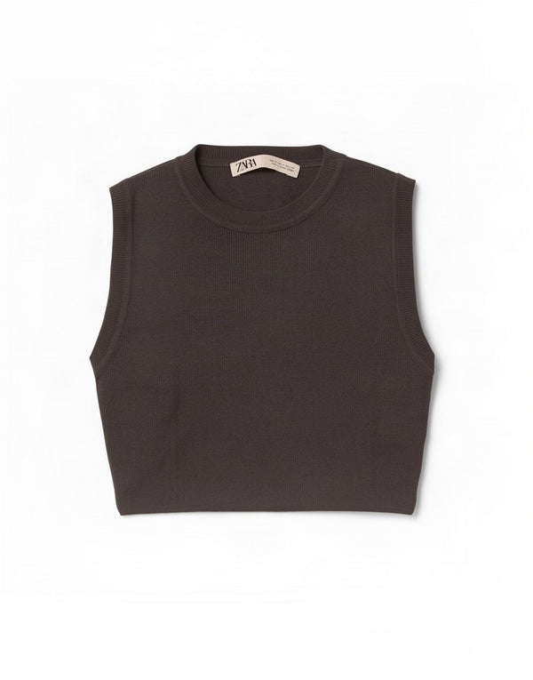 Zara Womens Crop Vest Top UK 12 Medium Grey Viscose