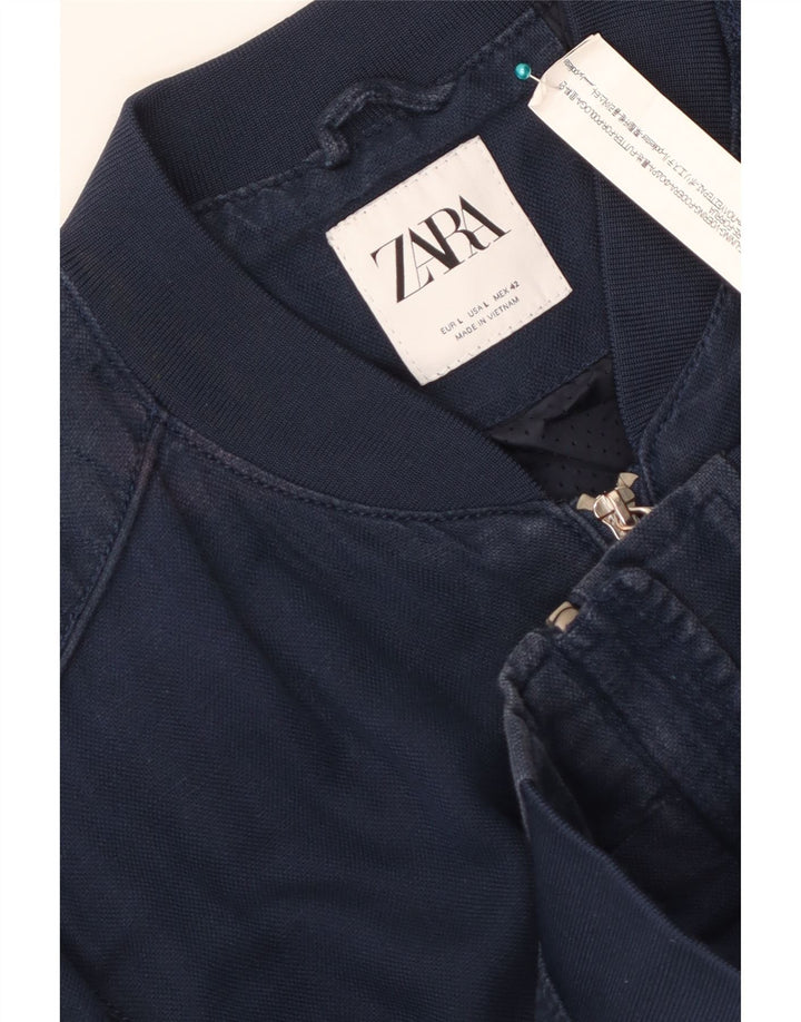 ZARA Mens Bomber Jacket UK 40 Large Navy Blue Polyester