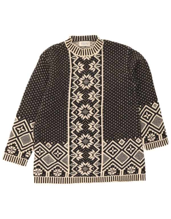 Benetton Womens Crew Neck Jumper Sweater UK 10 Small Black Fair Isle