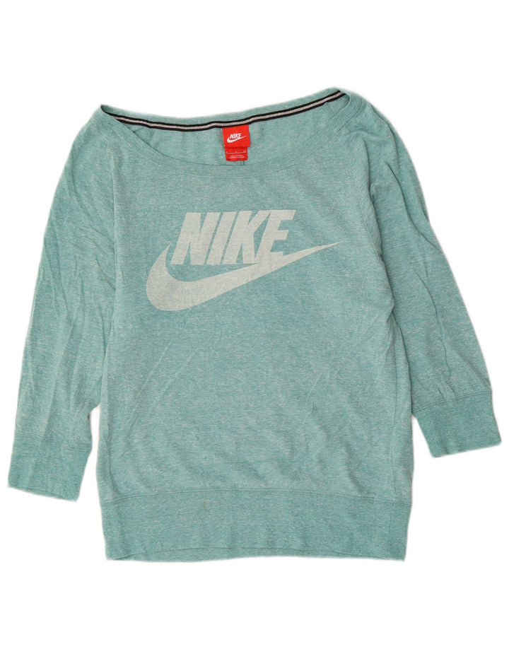 Nike Womens Off Shoulder Graphic Top Long Sleeve UK 10 Small Turquoise