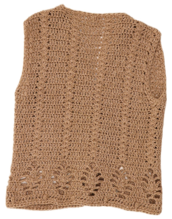 VINTAGE Womens Sleeveless Crochet Cardigan Sweater UK 14 Large Beige