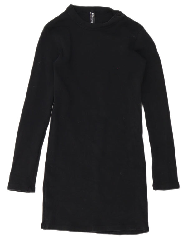 Zara Womens Long Sleeve T-Shirt Dress UK 10 Small Black Cotton
